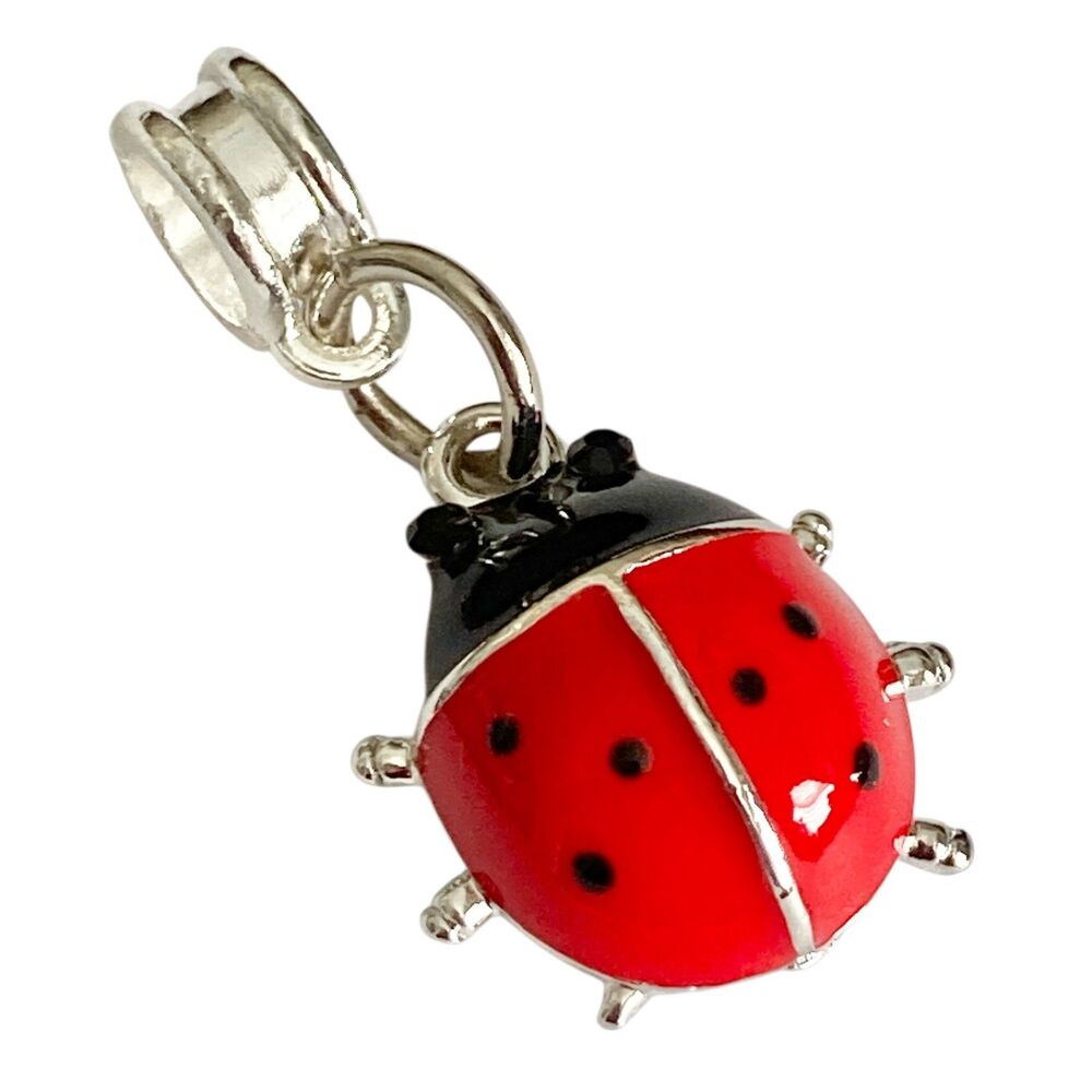Red Enamel Ladybug Slider European Bead Charm Silver Plated Insect Jewelry